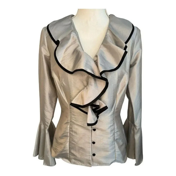 NEW WD.NY Size 4 Silver‎ Shiny Ruffle Neck Button Front Bell Sleeve Top NWT - Picture 1 of 6